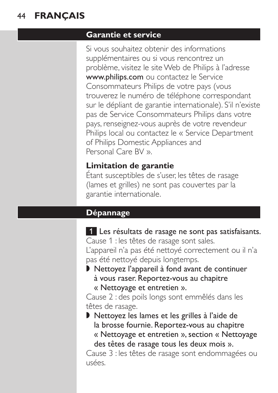 Limitation de garantie, Garantie et service, Dépannage | Philips SHAVER Series 3000 Rasoir électrique User Manual | Page 42 / 84