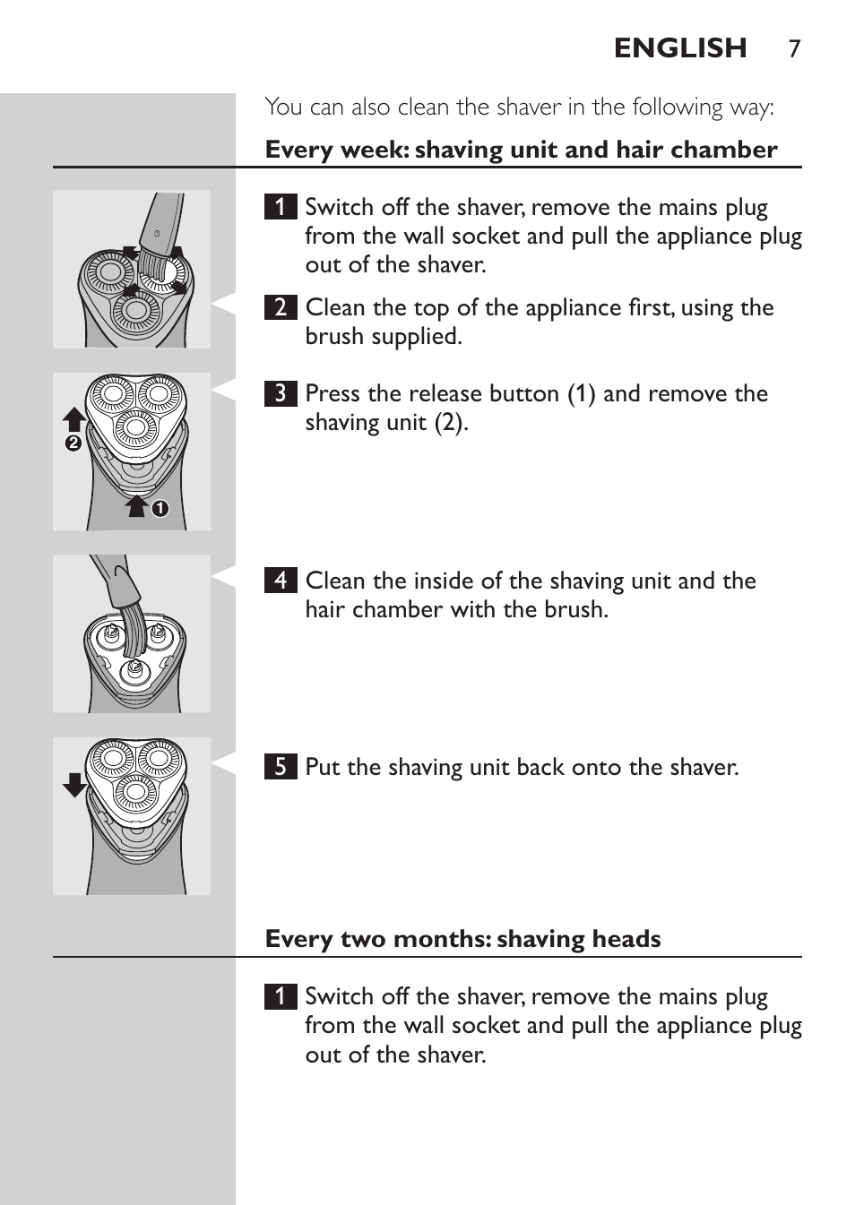 Every week: shaving unit and hair chamber, Every two months: shaving heads, English | Philips SHAVER Series 3000 Rasoir électrique User Manual | Page 5 / 84