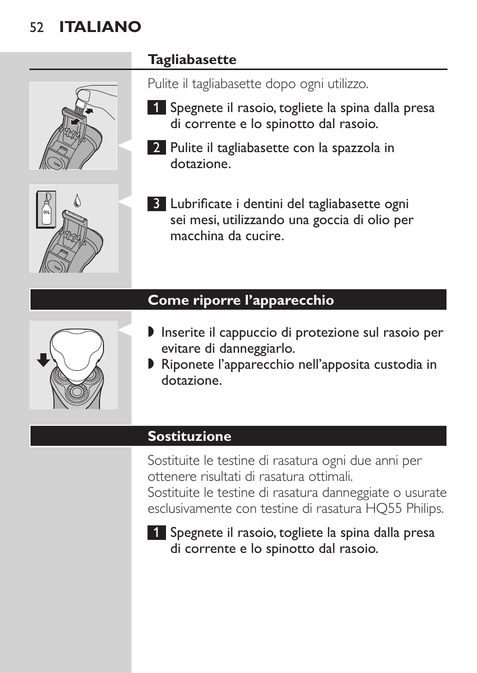 Tagliabasette, Come riporre l’apparecchio, Sostituzione | Philips SHAVER Series 3000 Rasoir électrique User Manual | Page 50 / 84