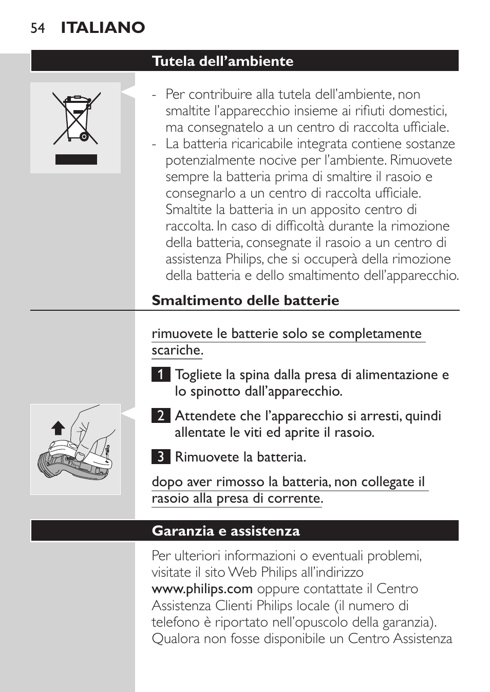 Tutela dell’ambiente, Smaltimento delle batterie, Garanzia e assistenza | Philips SHAVER Series 3000 Rasoir électrique User Manual | Page 52 / 84