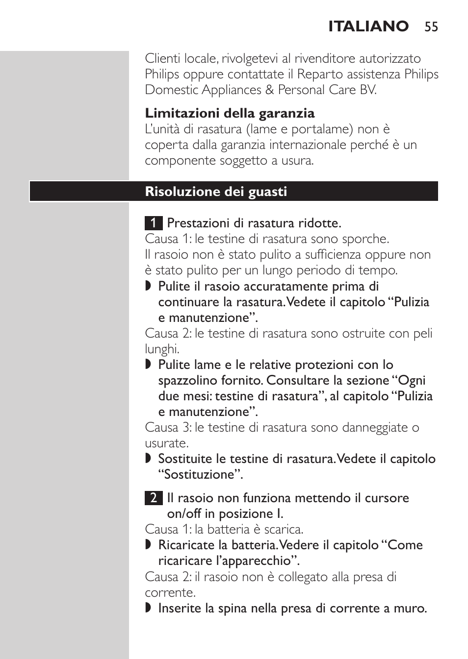 Limitazioni della garanzia, Risoluzione dei guasti | Philips SHAVER Series 3000 Rasoir électrique User Manual | Page 53 / 84