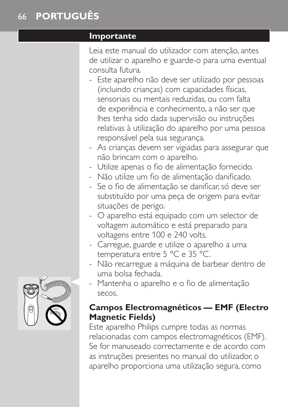 Português, Importante | Philips SHAVER Series 3000 Rasoir électrique User Manual | Page 64 / 84