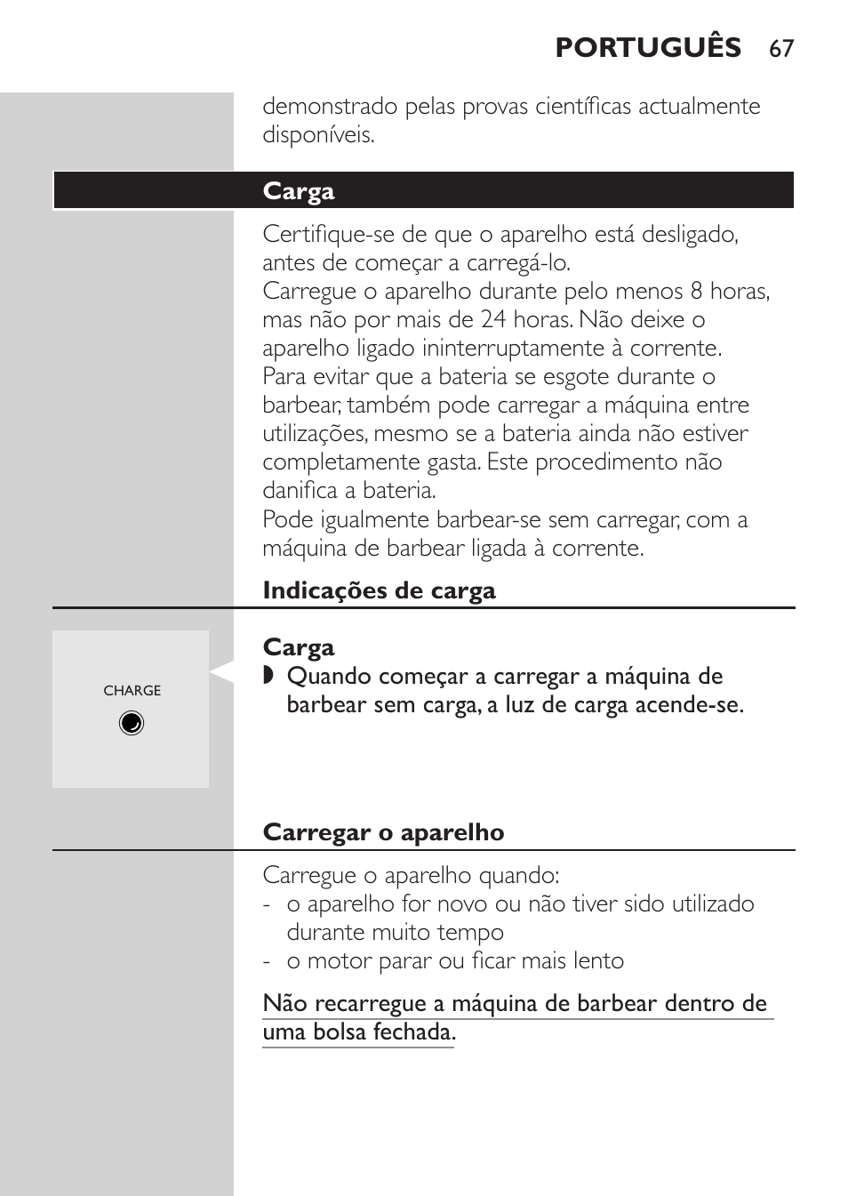 Carga, Indicações de carga, Carregar o aparelho | Português | Philips SHAVER Series 3000 Rasoir électrique User Manual | Page 65 / 84