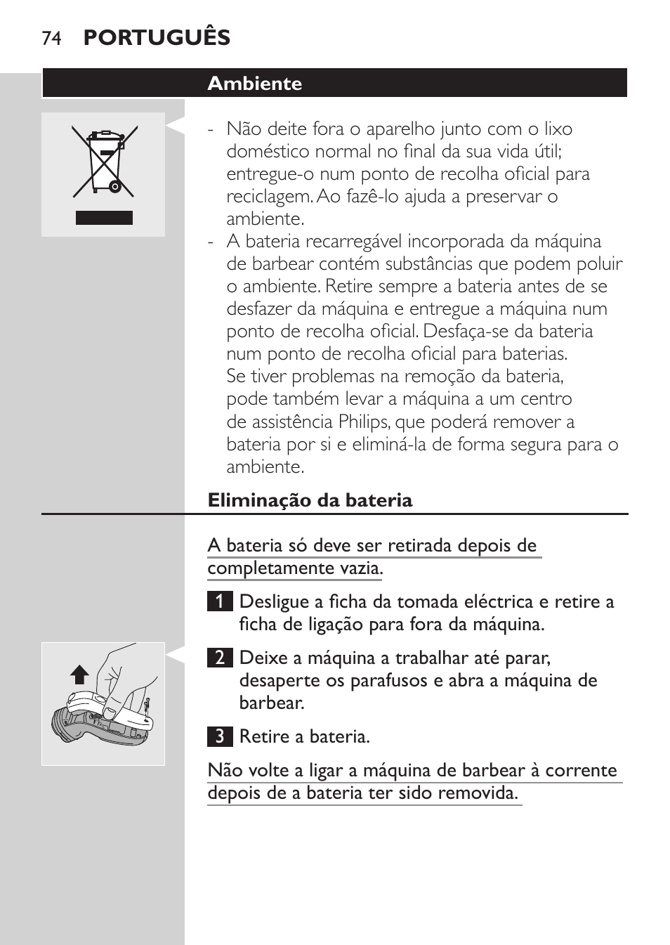 Ambiente, Eliminação da bateria | Philips SHAVER Series 3000 Rasoir électrique User Manual | Page 72 / 84