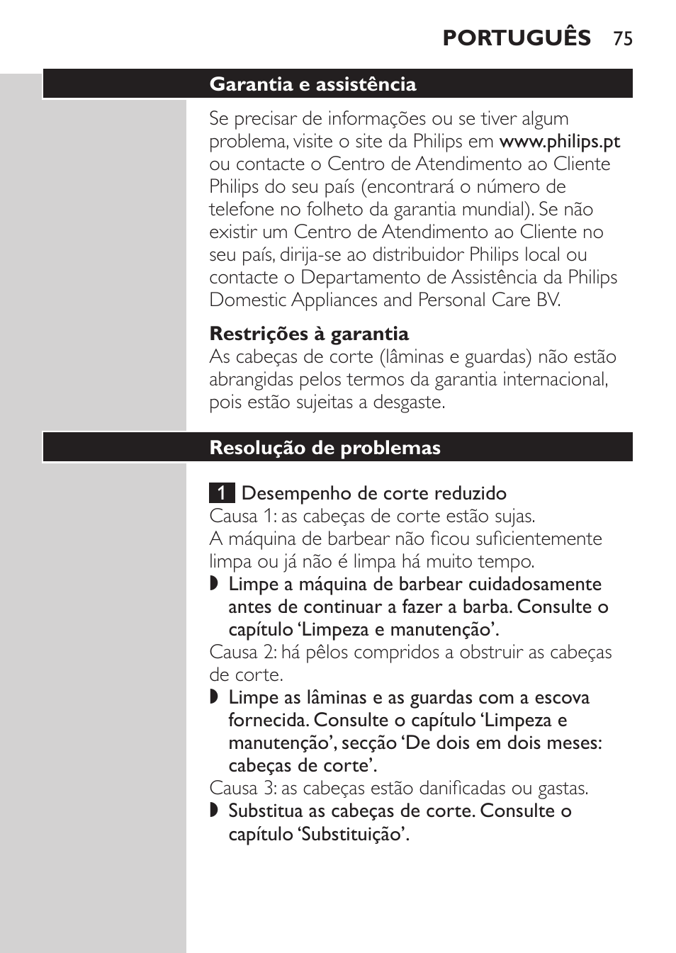 Restrições à garantia, Garantia e assistência, Resolução de problemas | Philips SHAVER Series 3000 Rasoir électrique User Manual | Page 73 / 84