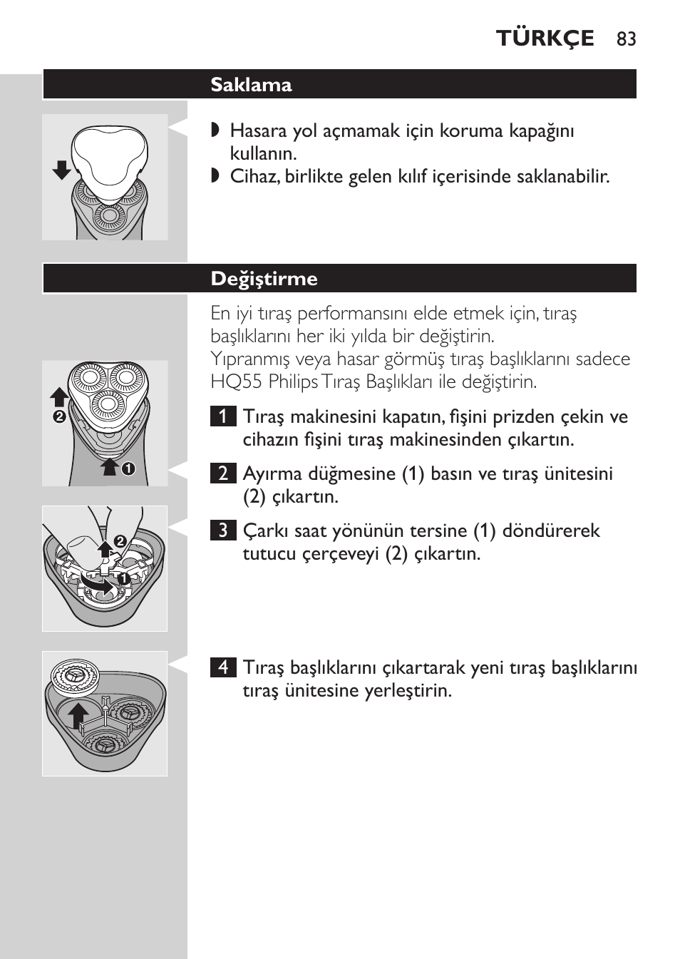 Saklama, Değiştirme, Türkçe | Philips SHAVER Series 3000 Rasoir électrique User Manual | Page 81 / 84