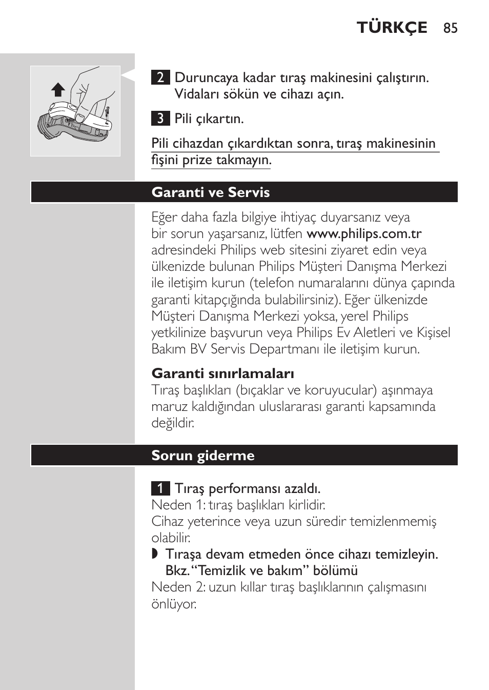 Garanti sınırlamaları, Garanti ve servis, Sorun giderme | Philips SHAVER Series 3000 Rasoir électrique User Manual | Page 83 / 84