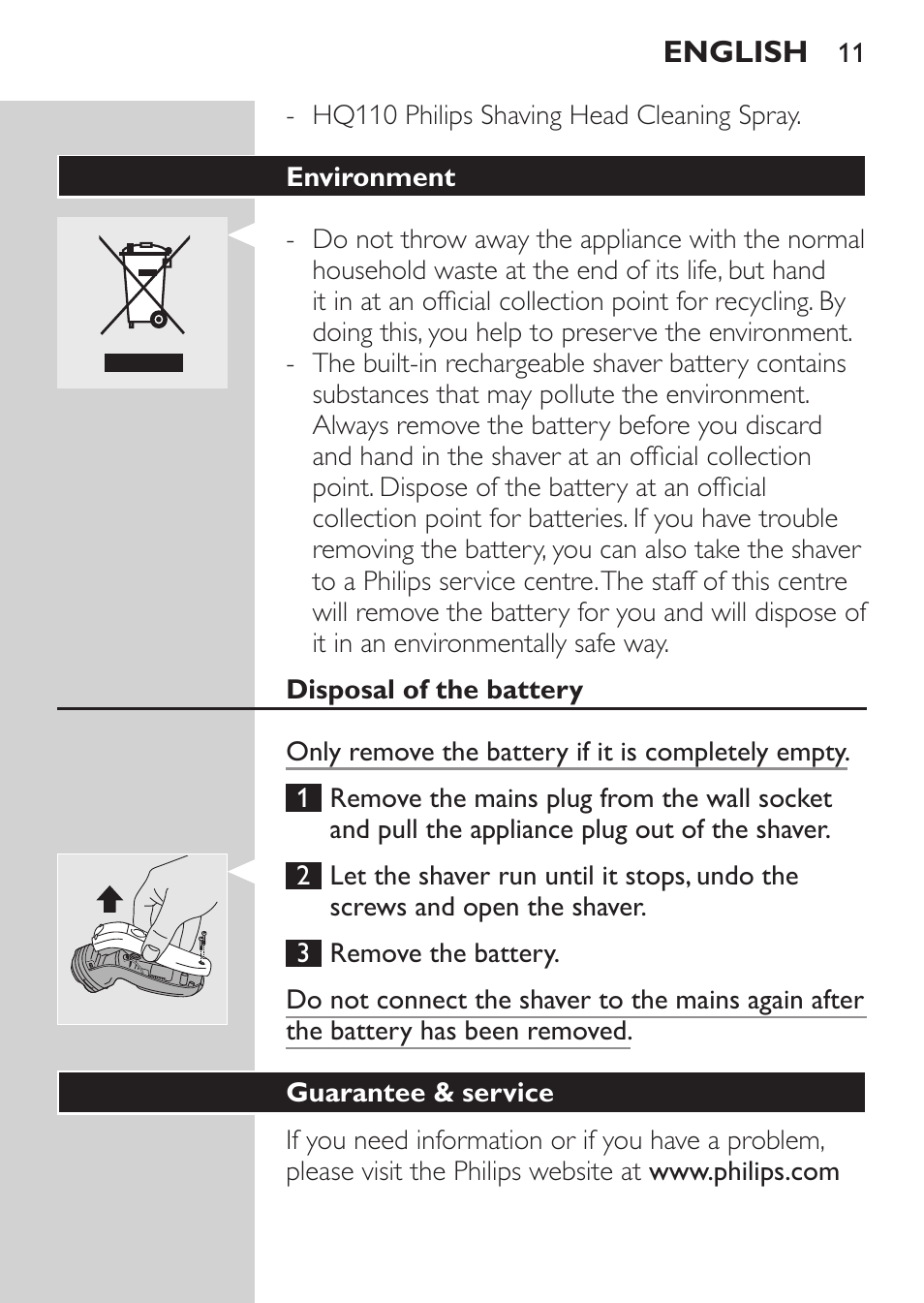 Environment, Disposal of the battery, Guarantee & service | Philips SHAVER Series 3000 Rasoir électrique User Manual | Page 9 / 84