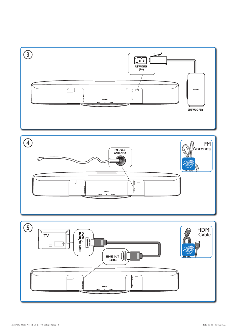 Hdmi, Hdmi cable, Fm antenna | Philips Barre de son User Manual | Page 18 / 26