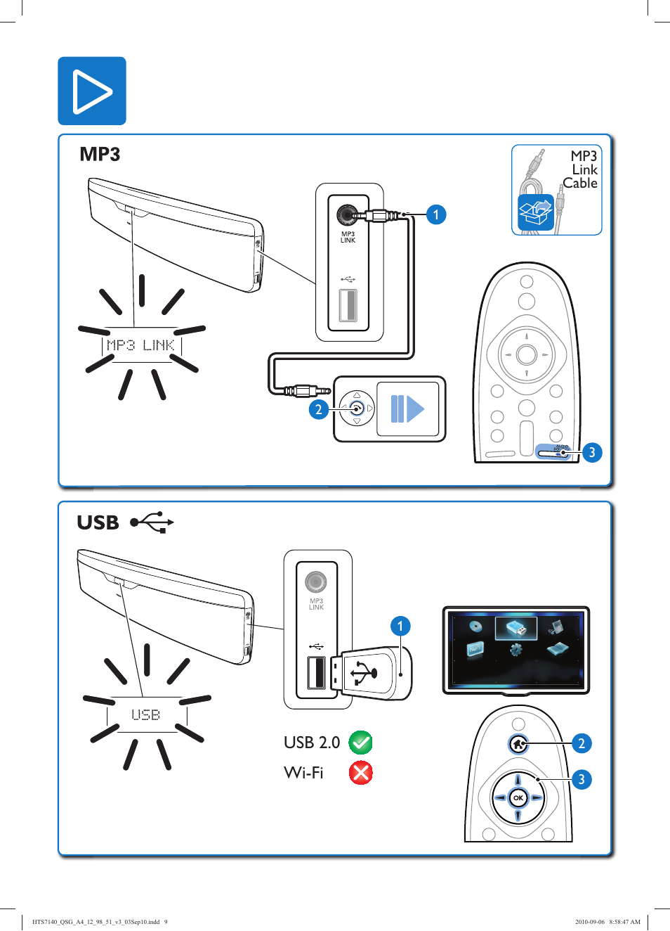 Usb 2.0 wi-fi, Mp3 link cable | Philips Barre de son User Manual | Page 23 / 26