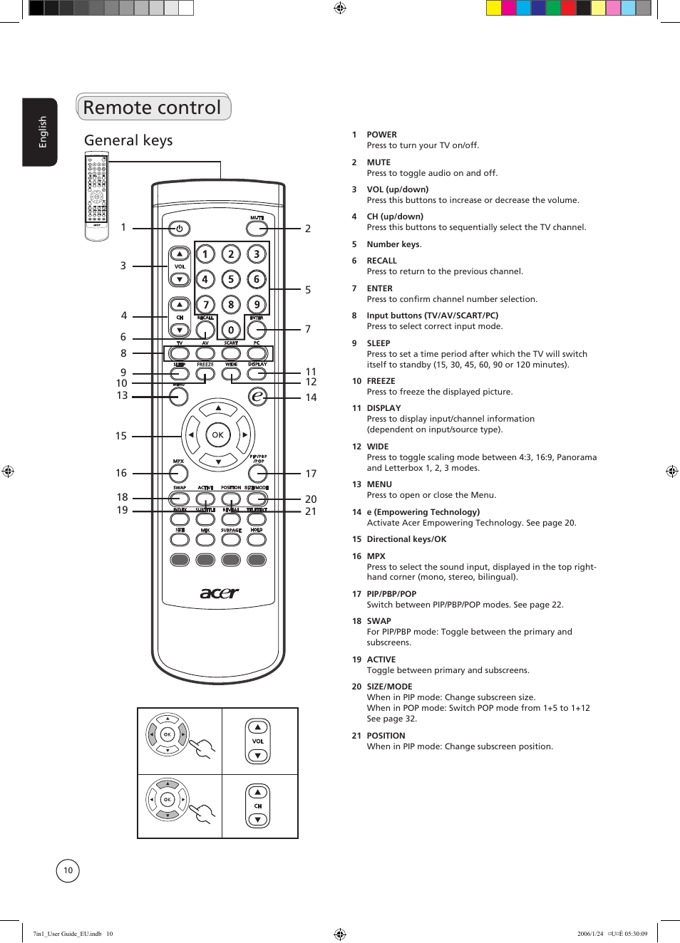 Remote control, General keys | Acer AT3202 User Manual | Page 10 / 35