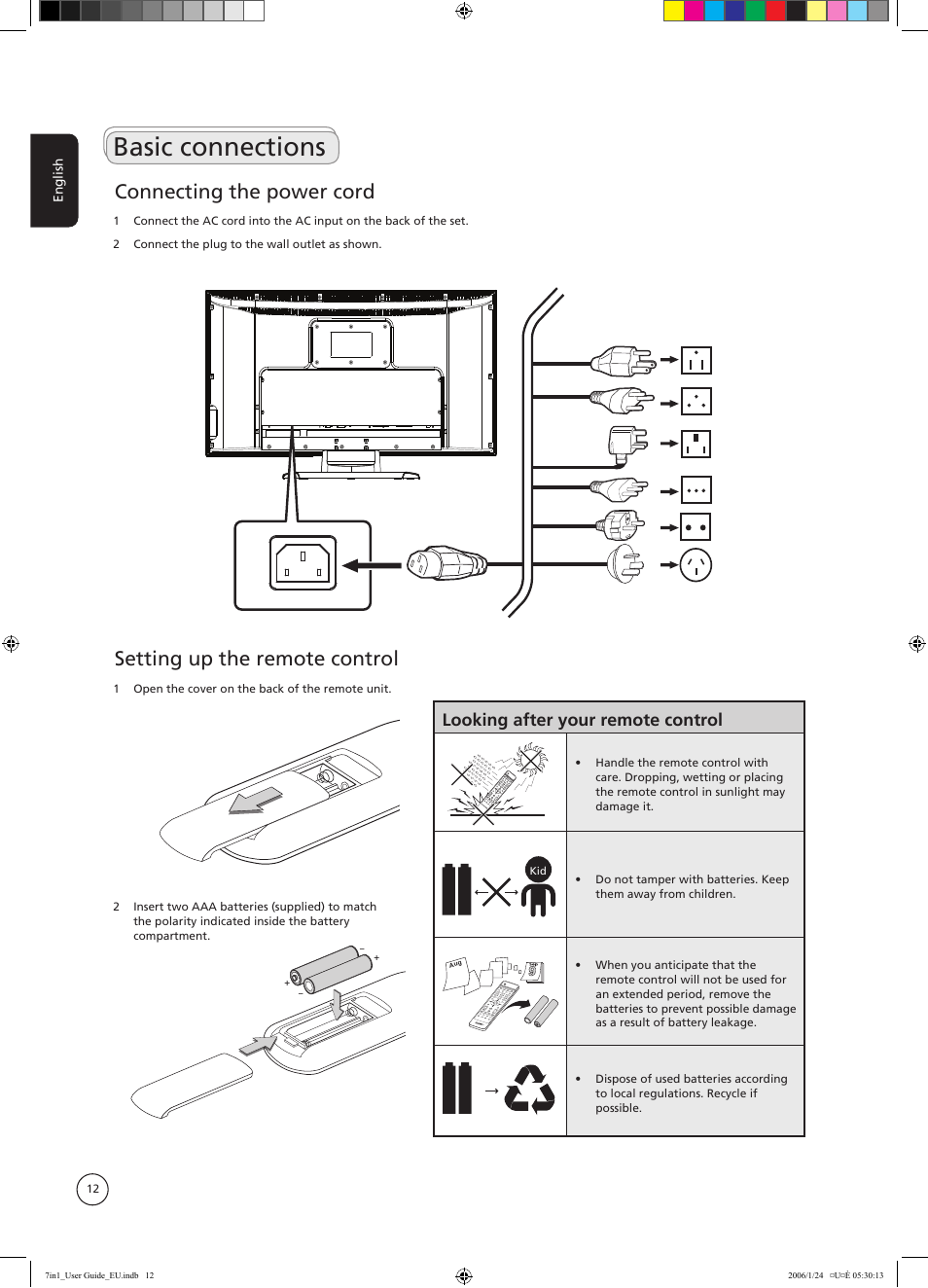 Basic connections, Connecting the power cord, Setting up the remote control | Looking after your remote control | Acer AT3202 User Manual | Page 12 / 35