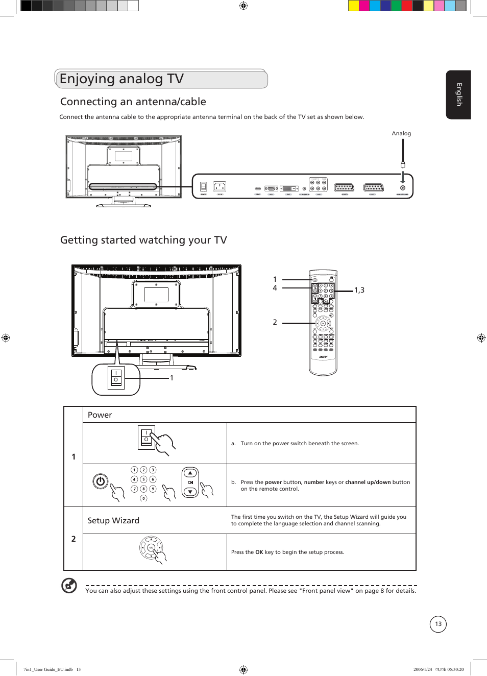 Enjoying analog tv, Getting started watching your tv, Connecting an antenna/cable | Acer AT3202 User Manual | Page 13 / 35