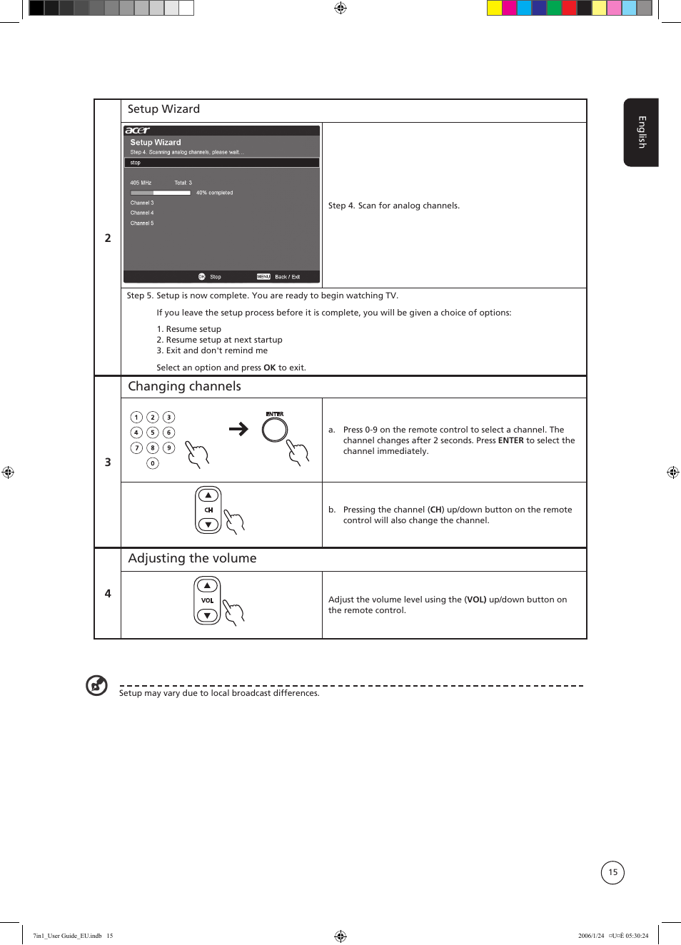Changing channels, Adjusting the volume, 2setup wizard | Acer AT3202 User Manual | Page 15 / 35