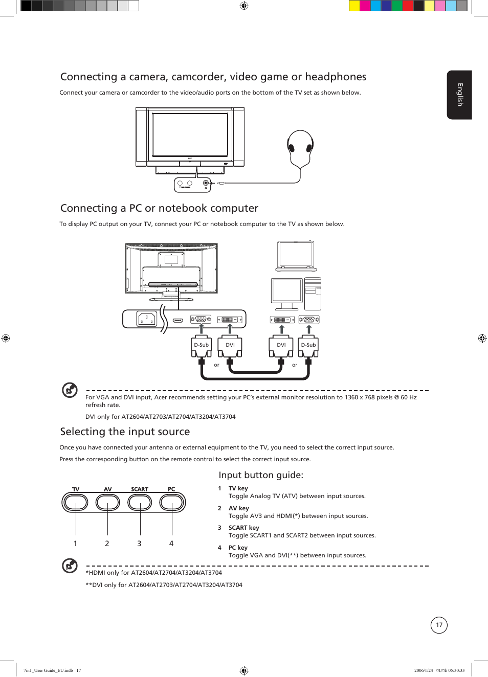 Selecting the input source, Input button guide | Acer AT3202 User Manual | Page 17 / 35