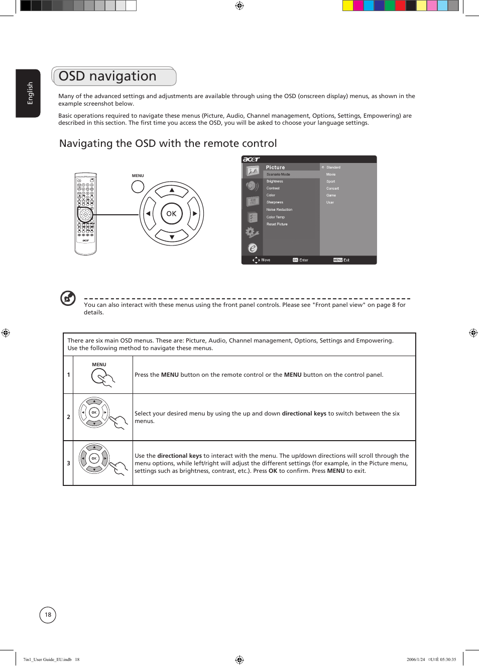 Osd navigation, Navigating the osd with the remote control | Acer AT3202 User Manual | Page 18 / 35