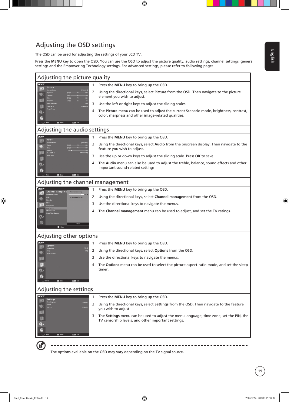 Adjusting the osd settings, Adjusting the picture quality, Adjusting the audio settings | Adjusting the channel management, Adjusting other options, Adjusting the settings | Acer AT3202 User Manual | Page 19 / 35