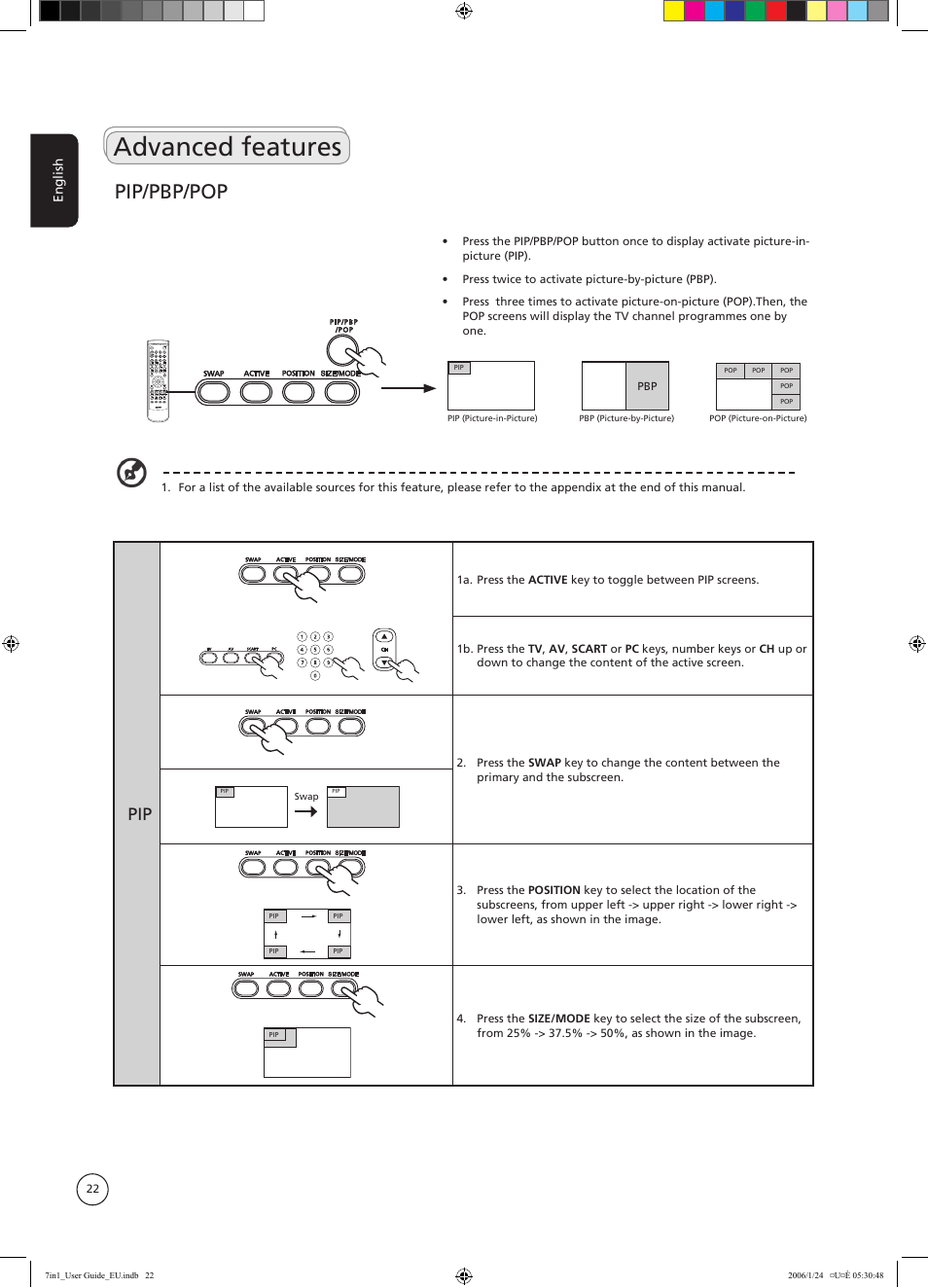 Advanced features, Pip/pbp/pop | Acer AT3202 User Manual | Page 22 / 35