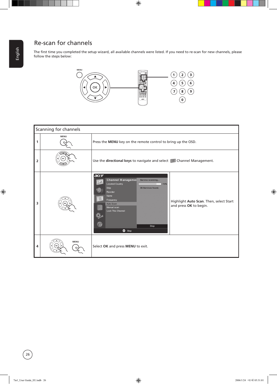 Re-scan for channels, Scanning for channels | Acer AT3202 User Manual | Page 26 / 35