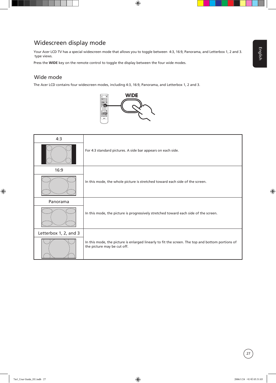 Widescreen display mode, Wide mode | Acer AT3202 User Manual | Page 27 / 35