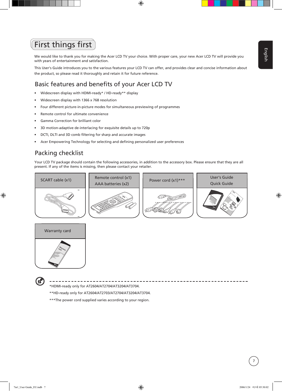 First things first, Basic features and benefits of your acer lcd tv, Packing checklist | Acer AT3202 User Manual | Page 7 / 35