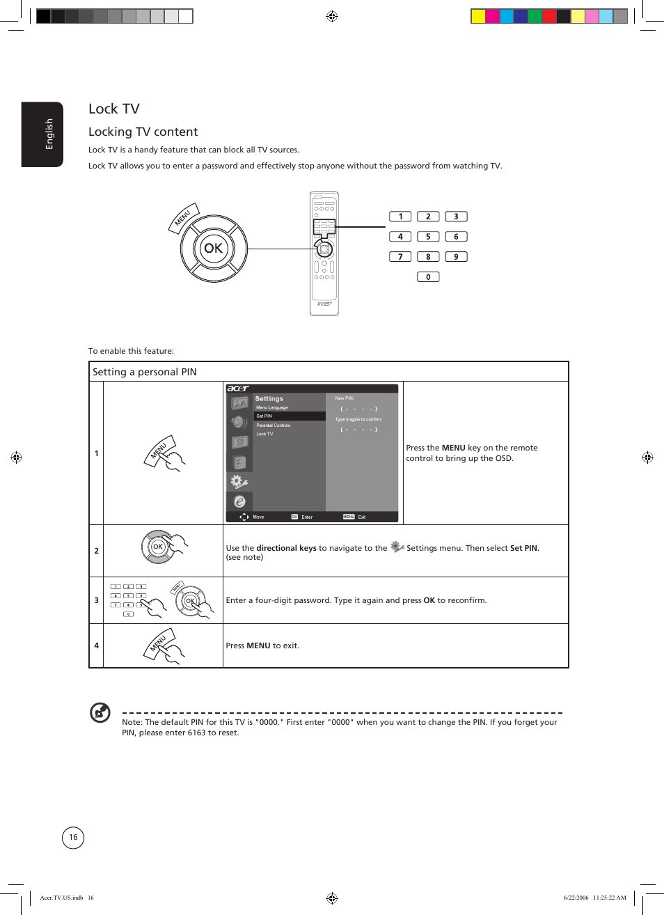 Lock tv, Locking tv content | Acer AT3220A User Manual | Page 16 / 24