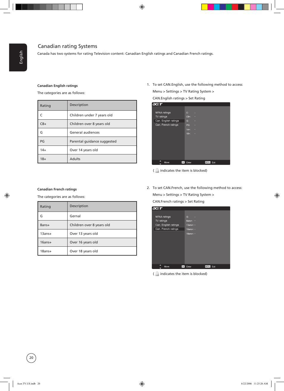 Canadian rating systems | Acer AT3220A User Manual | Page 20 / 24