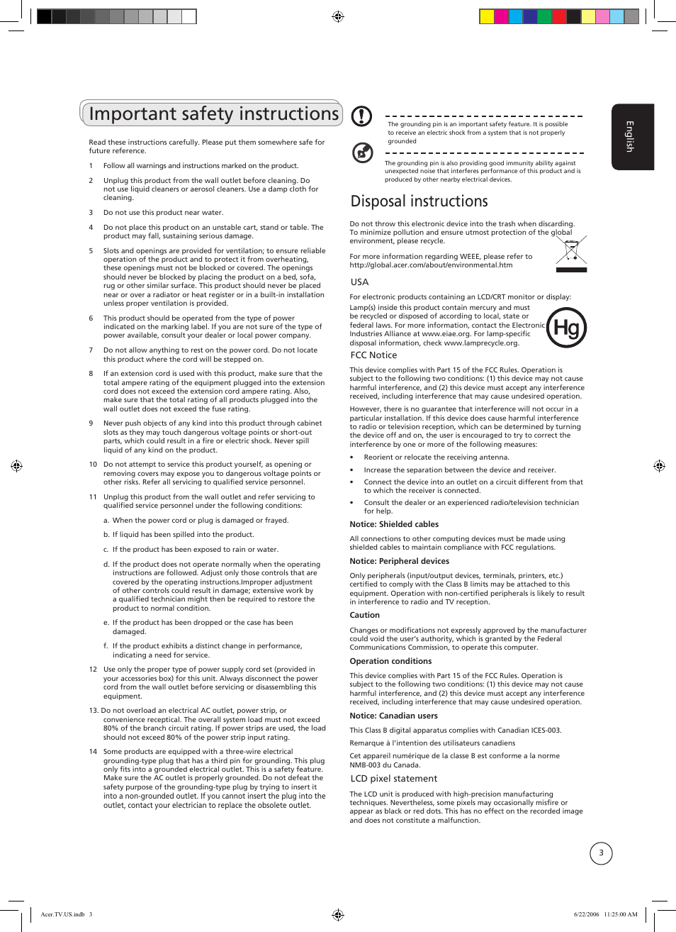 Important safety instructions, Disposal instructions | Acer AT3220A User Manual | Page 3 / 24