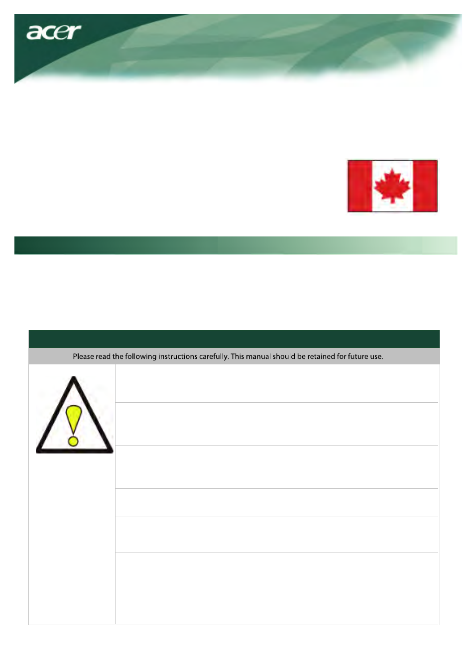 Canadian doc notice, Preface important safety instructions | Acer AL1917X User Manual | Page 4 / 11