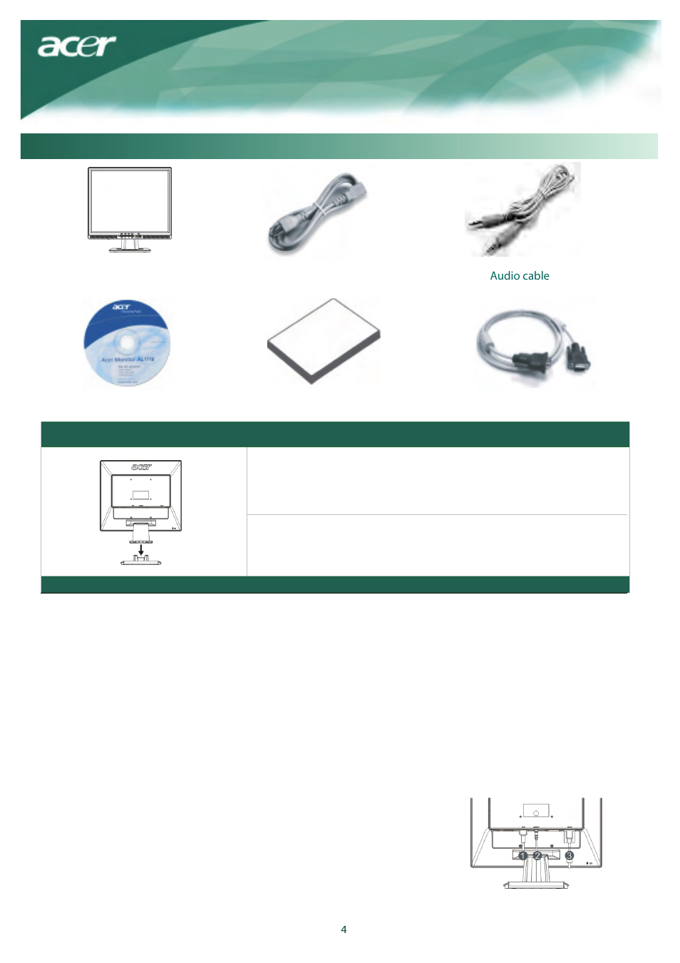 Assembling the monitor, Detaching the monitor important, Adjusting the viewing angle | Caution, Connecting the devices, Package contents | Acer AL1917X User Manual | Page 5 / 11