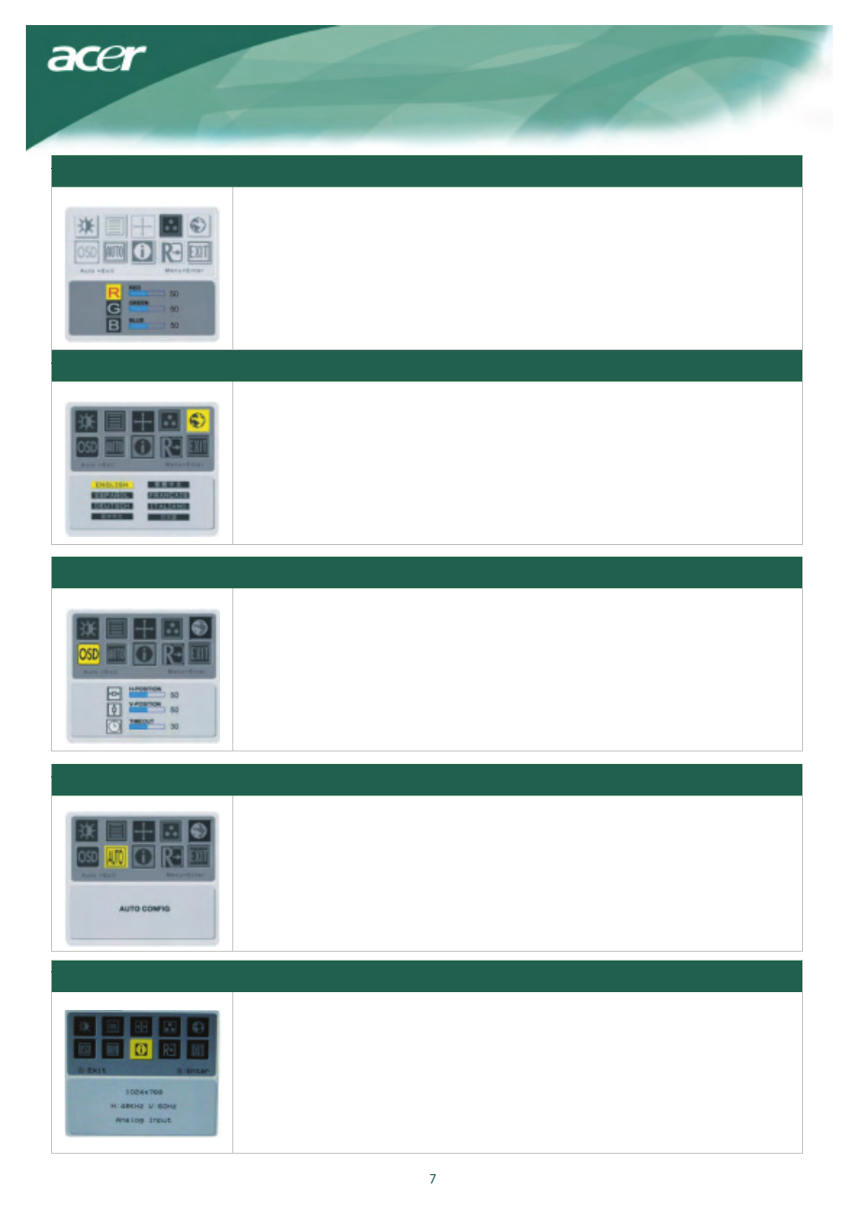 Language osd position, Auto configuration, Information | Acer AL1917X User Manual | Page 8 / 11