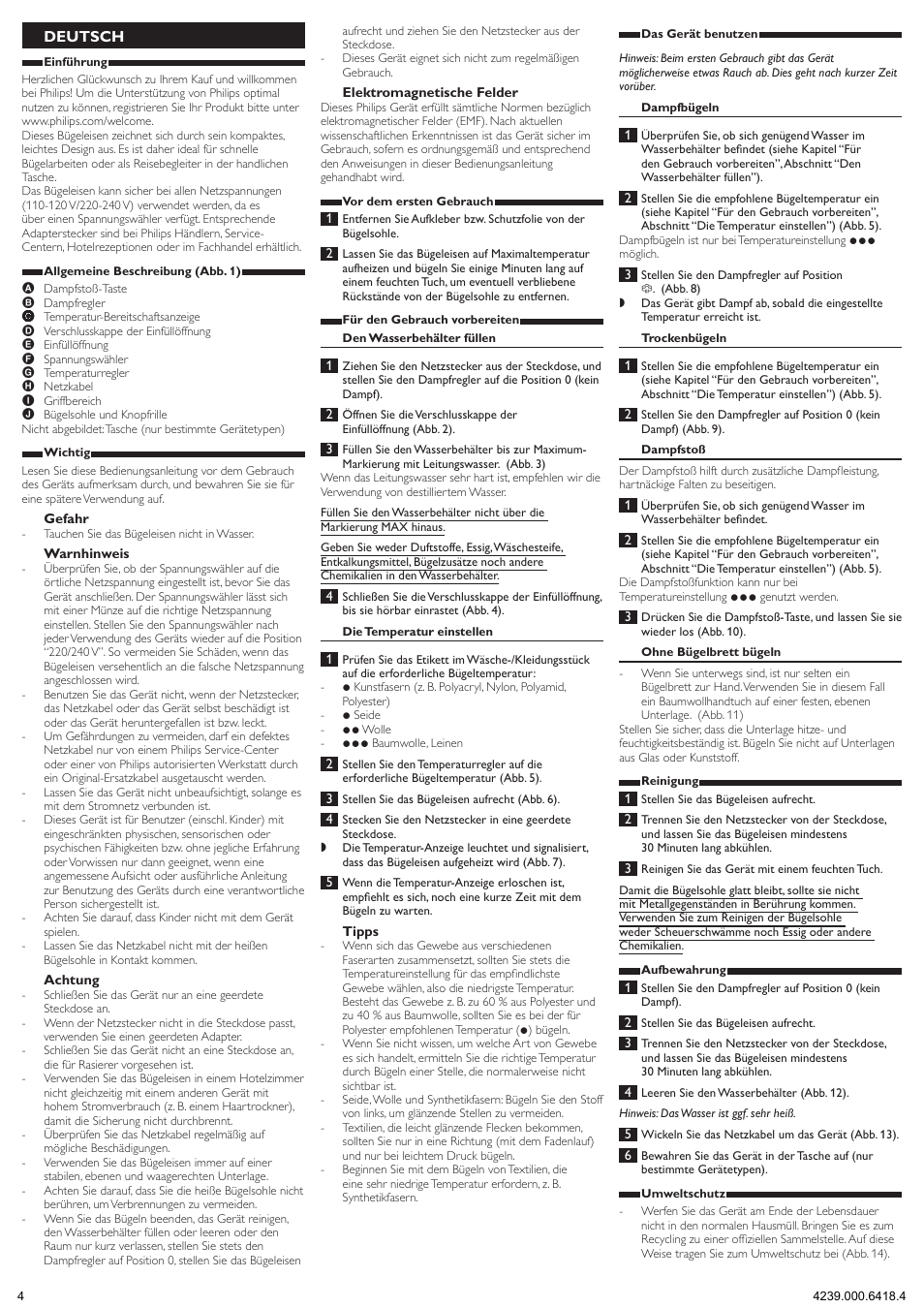 Deutsch | Philips Fer à repasser de voyage User Manual | Page 4 / 17