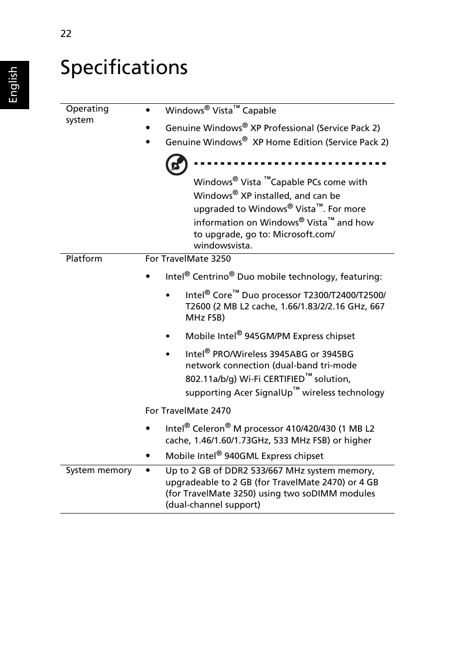 Specifications, English | Acer TravelMate MS2180 User Manual | Page 36 / 98
