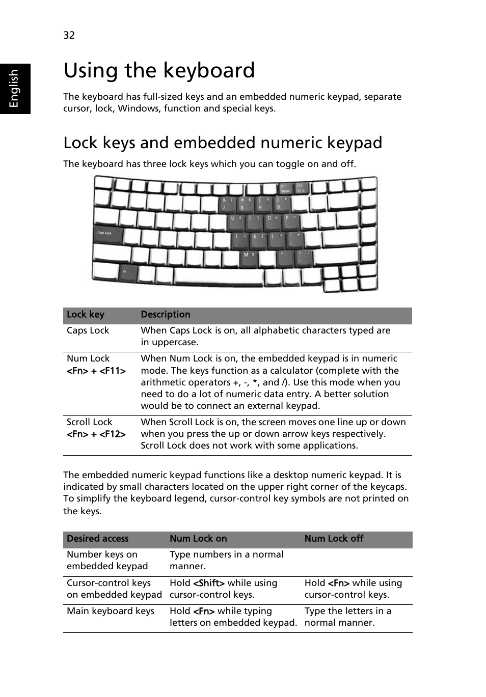 Using the keyboard, Lock keys and embedded numeric keypad | Acer TravelMate MS2180 User Manual | Page 46 / 98