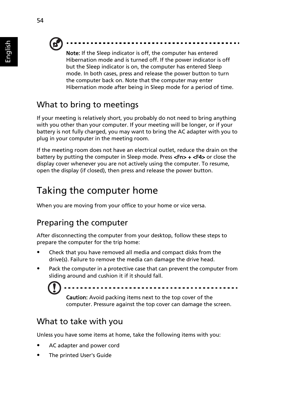 Taking the computer home, What to bring to meetings, Preparing the computer | What to take with you | Acer TravelMate MS2180 User Manual | Page 68 / 98