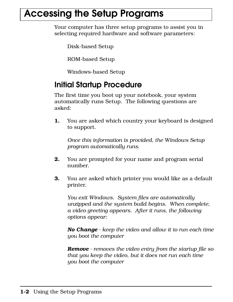 Accessing the setup programs, Initial startup procedure | Texas Instruments 4000M User Manual | Page 10 / 295