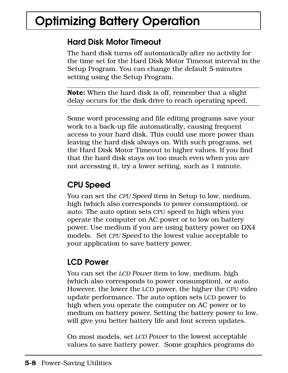 Optimizing battery operation, Hard disk motor timeout, Cpu speed | Lcd power | Texas Instruments 4000M User Manual | Page 101 / 295