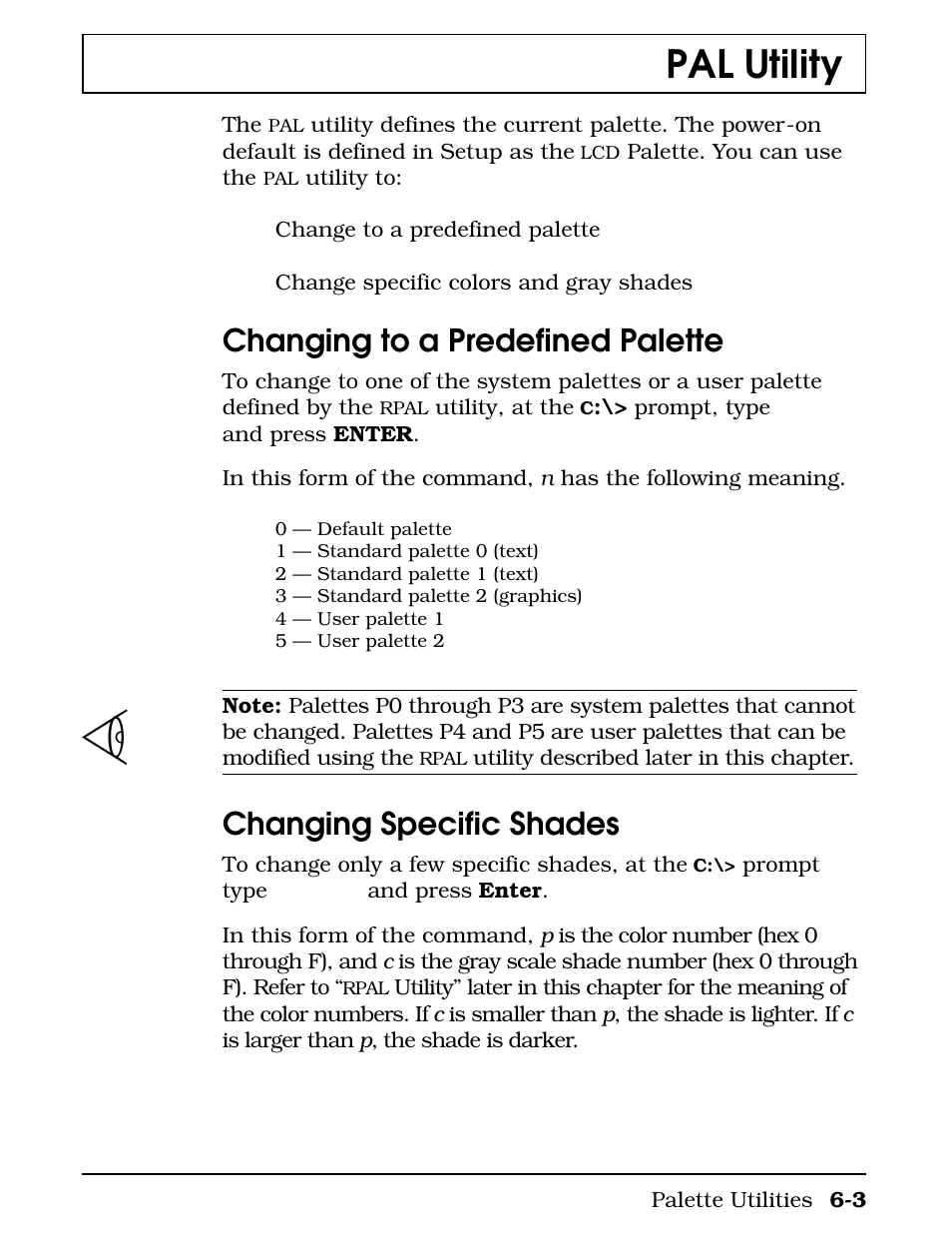 Pal utility, Changing to a predefined palette, Changing specific shades | Texas Instruments 4000M User Manual | Page 108 / 295