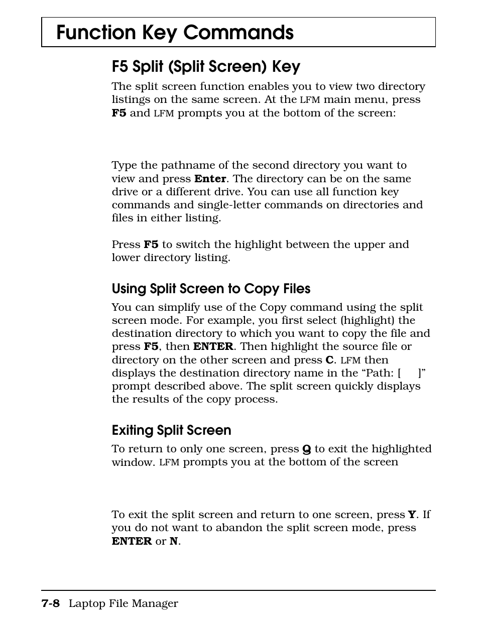 F5 split (split screen) key, Function key commands, Using split screen to copy files | Exiting split screen | Texas Instruments 4000M User Manual | Page 125 / 295