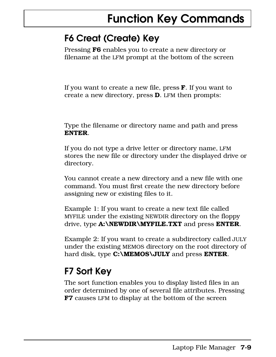 F6 creat (create) key, F7 sort key, Function key commands | Texas Instruments 4000M User Manual | Page 126 / 295