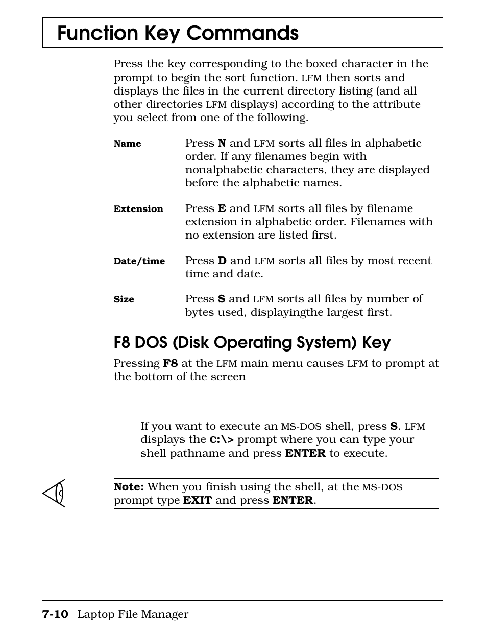 F8 dos (disk operating system) key, Function key commands | Texas Instruments 4000M User Manual | Page 127 / 295