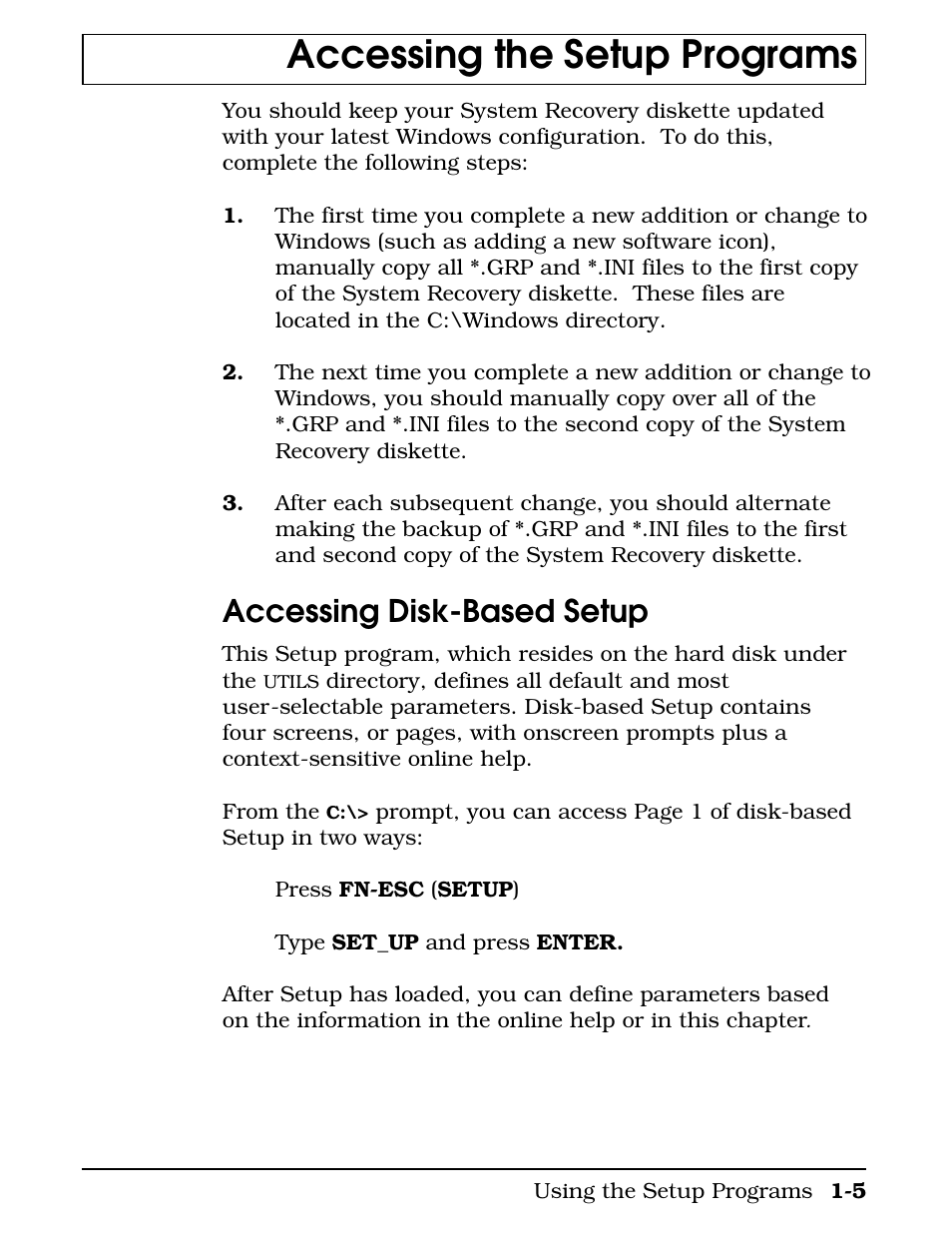 Accessing disk-based setup, Accessing the setup programs | Texas Instruments 4000M User Manual | Page 13 / 295