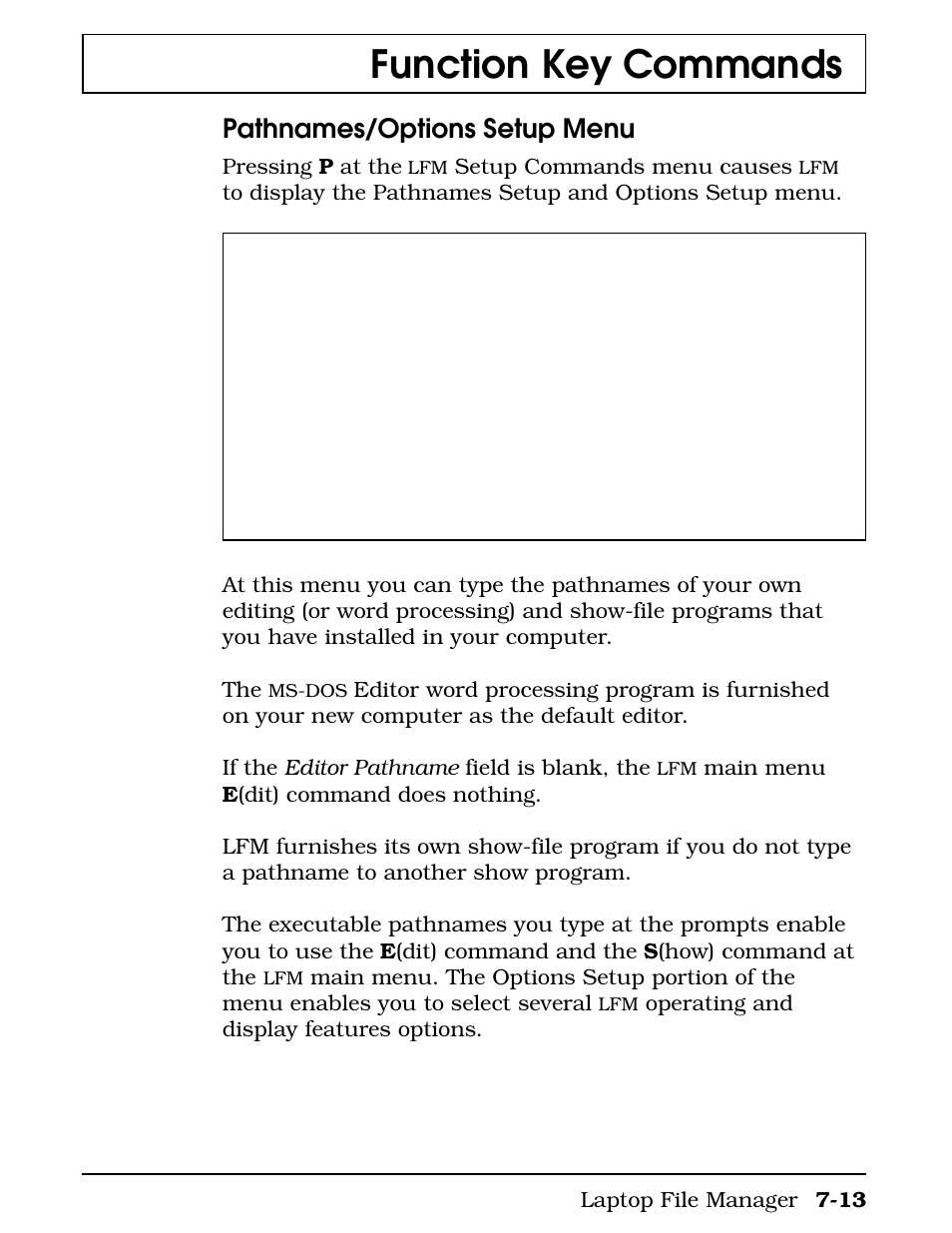 Function key commands, Pathnames/options setup menu | Texas Instruments 4000M User Manual | Page 130 / 295
