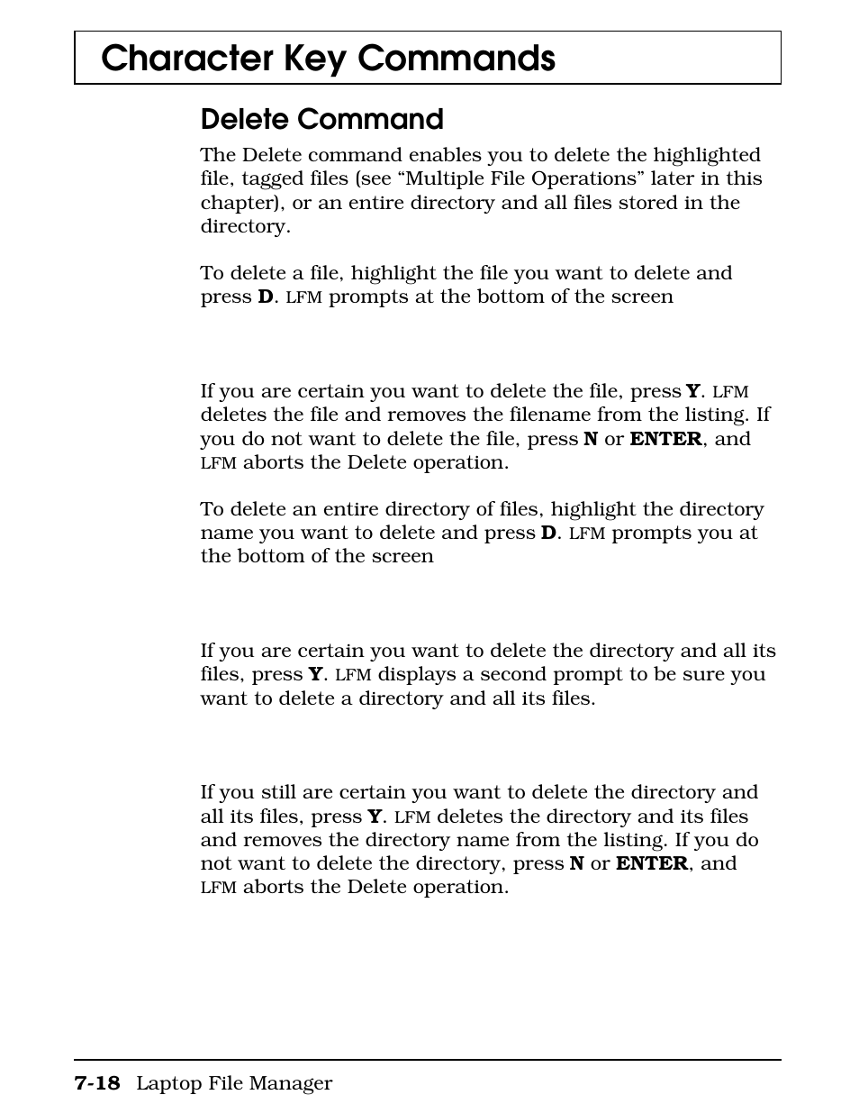 Delete command, Character key commands | Texas Instruments 4000M User Manual | Page 135 / 295