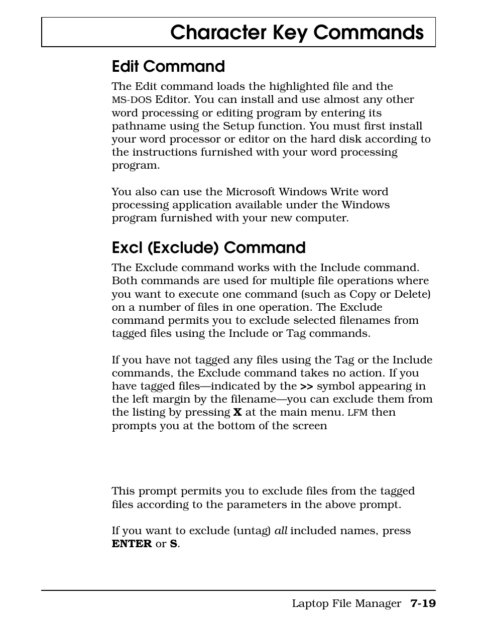 Edit command, Excl (exclude) command, Character key commands | Texas Instruments 4000M User Manual | Page 136 / 295