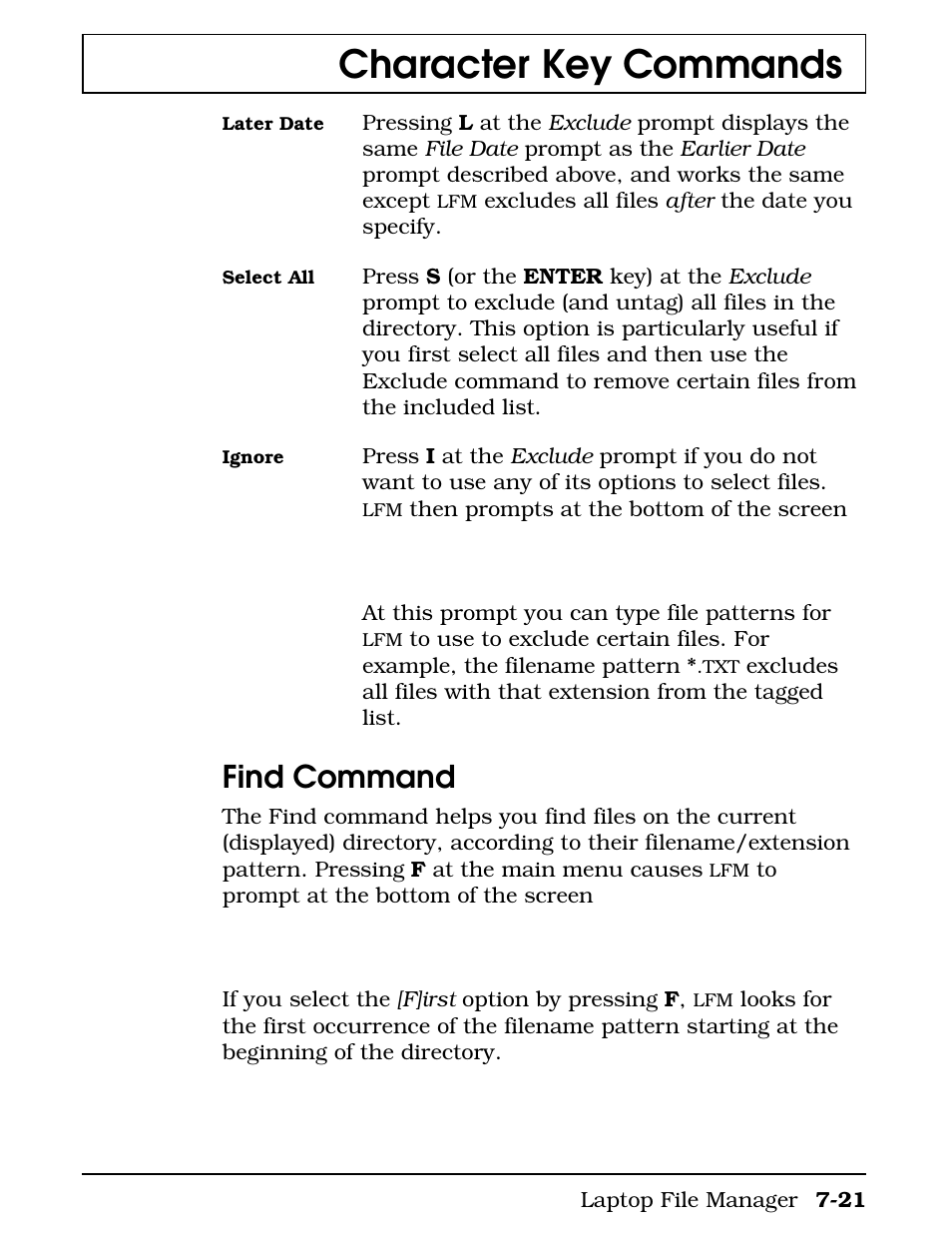 Find command, Character key commands | Texas Instruments 4000M User Manual | Page 138 / 295