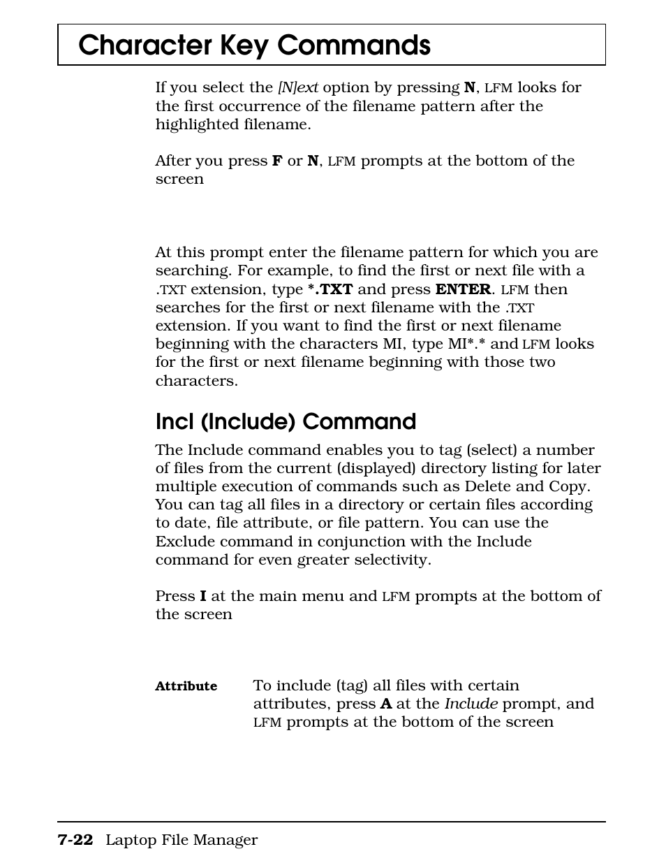 Incl (include) command, Character key commands | Texas Instruments 4000M User Manual | Page 139 / 295