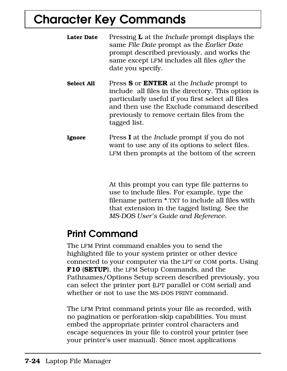 Print command, Character key commands | Texas Instruments 4000M User Manual | Page 141 / 295