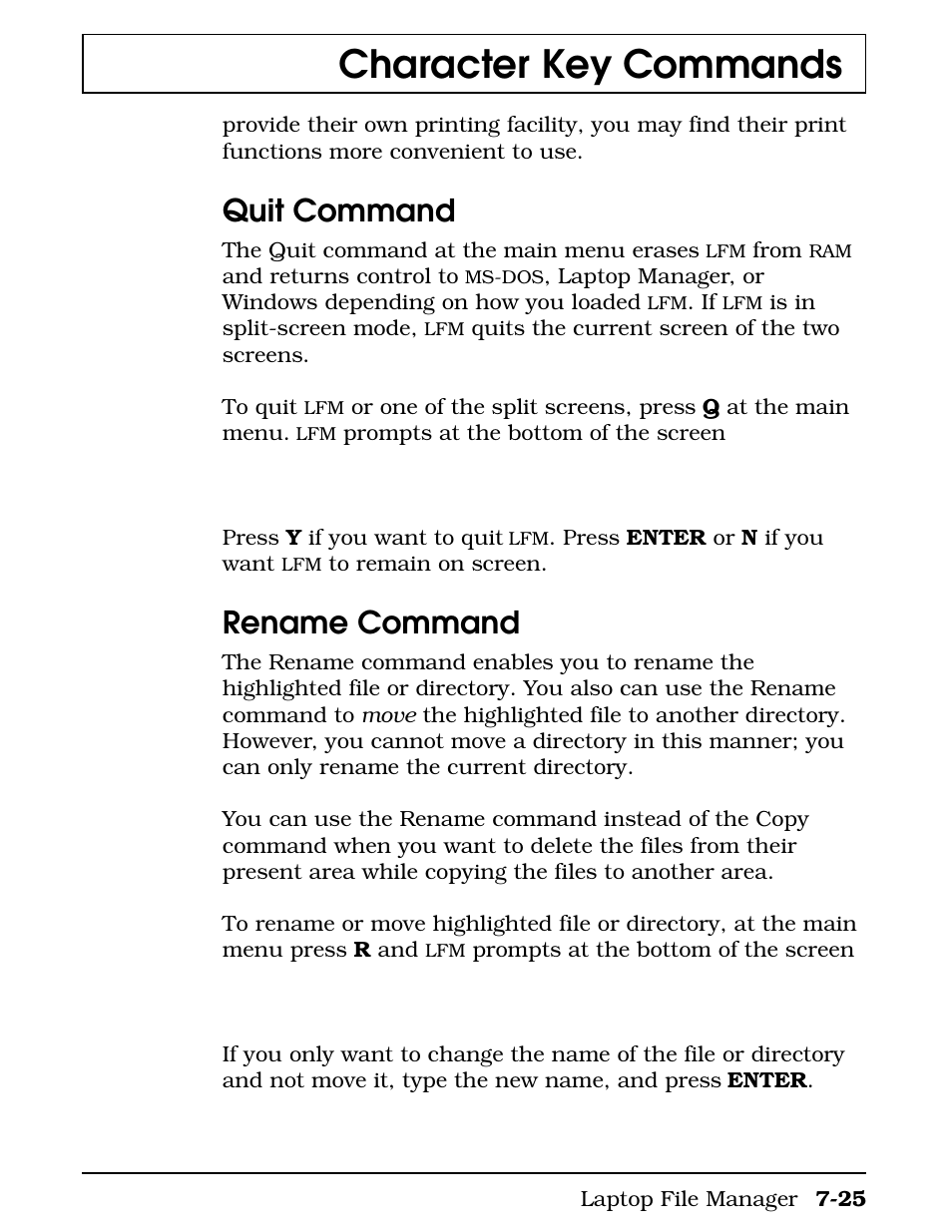 Quit command, Rename command, Character key commands | Texas Instruments 4000M User Manual | Page 142 / 295