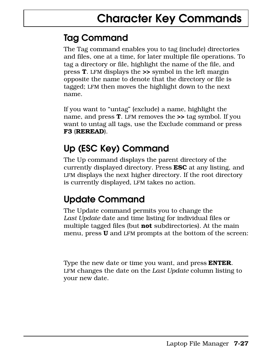 Tag command, Up (esc key) command, Update command | Character key commands | Texas Instruments 4000M User Manual | Page 144 / 295